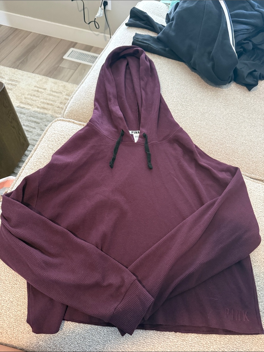 PINK Waffle Knit Hoodie in Deep Wine cropped
